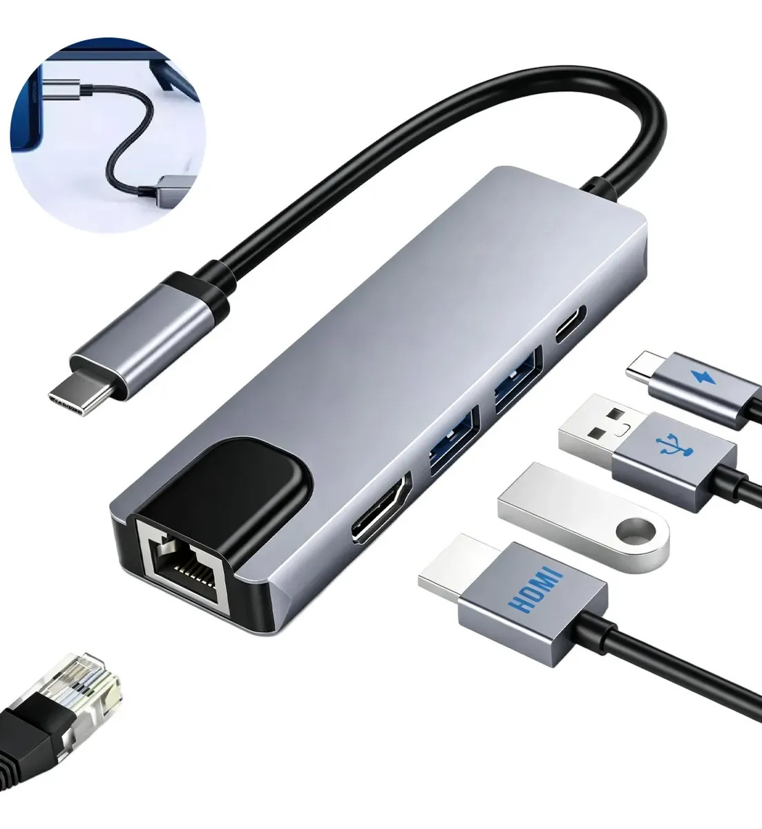 Hub USB-C 5 en 1 con HDMI 4K y Ethernet